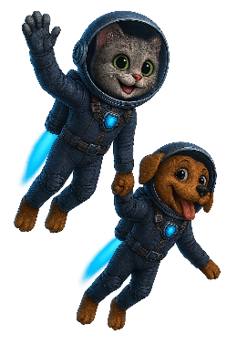 Gato preto e cachorro marrom vestindo roupas de astronauta com look futurista, inspirados em personagens de ficção científica, prontos para explorar o espaço.