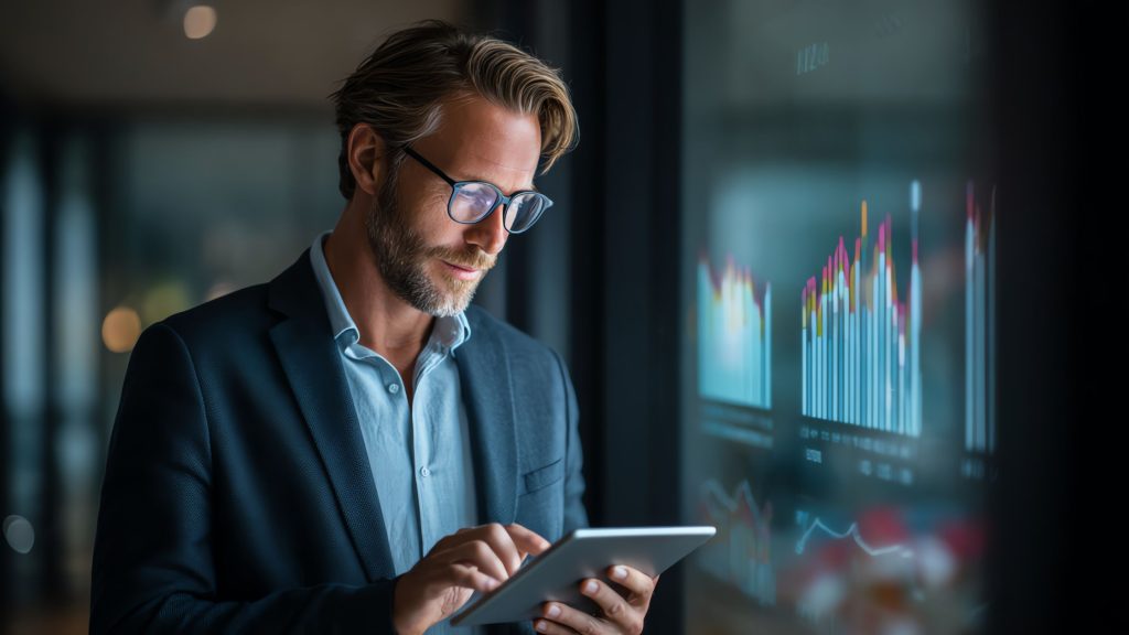 Homen acompanhando métricas num painel de gestão à vista